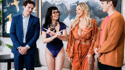 Brittany andrews & Little puck - jayden marcos, sage roux, stepmom, stepson, foursome, older woman, younger guy, glasses, milf, brunette, blonde, big tits, big boobs, busty, stockings, couch, cumshot, cum on tits