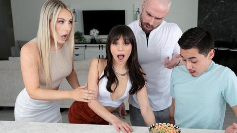 Swap mom teaches teen wifely duties until the guys walk in