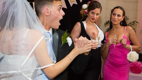 Cathy heaven - chris diamond, mea melone, anal, bridesmaid, wedding, bride, threesome, ffm, cheating, milf, high heels, stockings, couch, sofa, cumshot