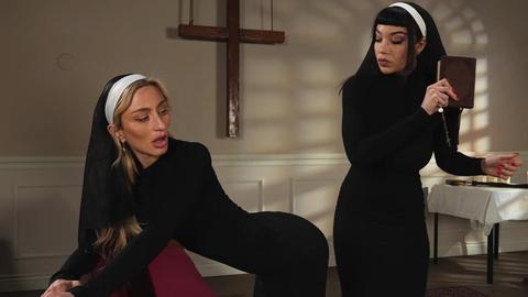 Little puck & Kathryn mae - nun, lesbian, strap-on, brunette, blonde, big tits, big boobs, bondage, tattoos, dominatrix, domination, femdom