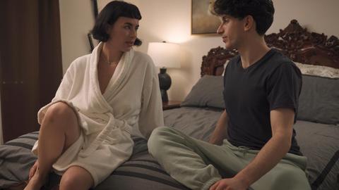 Olive glass - nick strokes, stepmom, stepson, taboo, brunette, older woman, younger guy, bedroom, cumshot, cum on ass