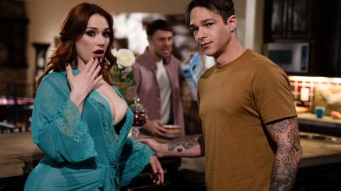Hot redhead MILF lets stepson take her while boyfriend watches