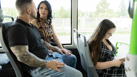 Vitoria vonteese - milf, bus, vehicle, public, stranger, brunette, big cock, big tits, stockings, cumshot